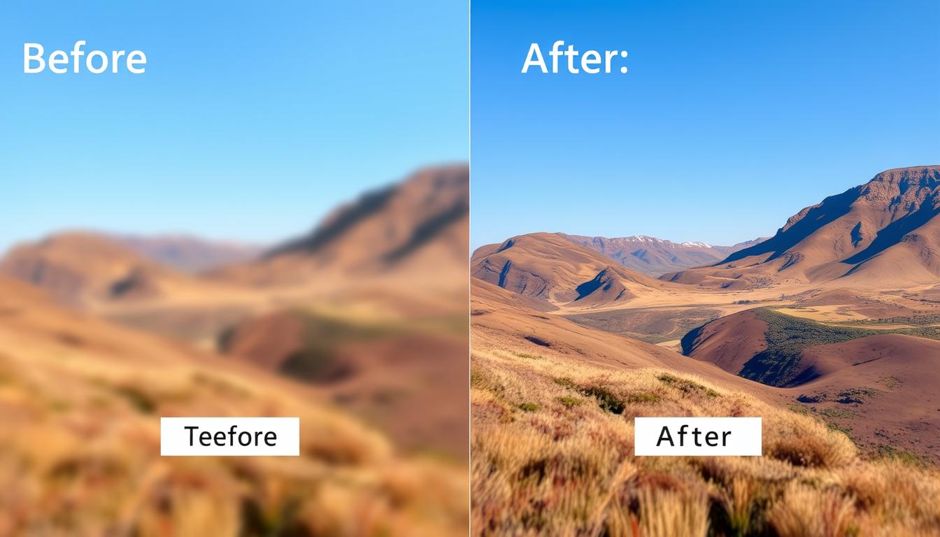 AI image enhancement technology showing before and after comparison of a landscape photo
