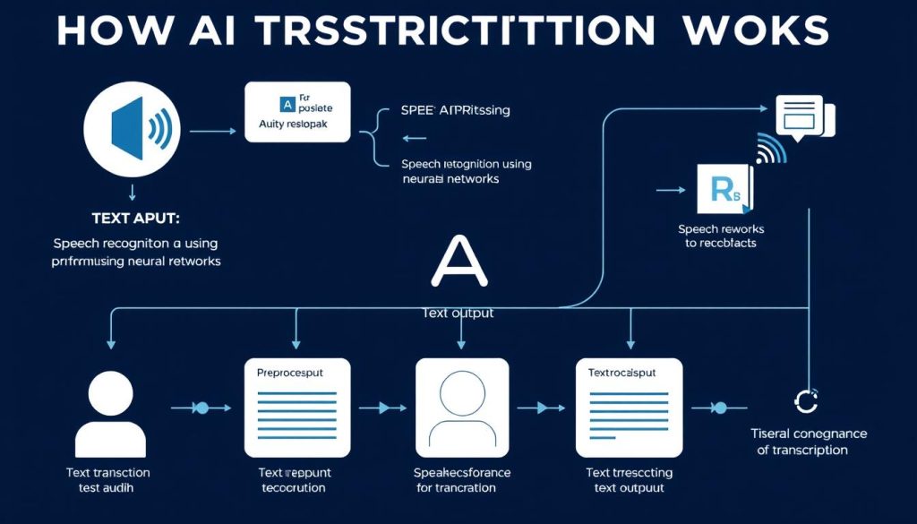 AI transcription technology workflow diagram showing speech recognition process AI transcription technology workflow diagram showing speech recognition process