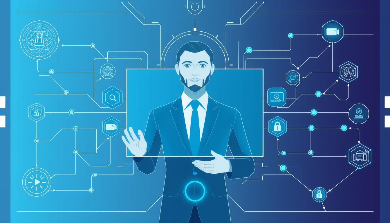 AI video avatar technology showing a digital human presenter with technical elements highlighted