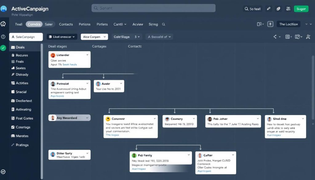 ActiveCampaign CRM pipeline view showing deal stages and contact information