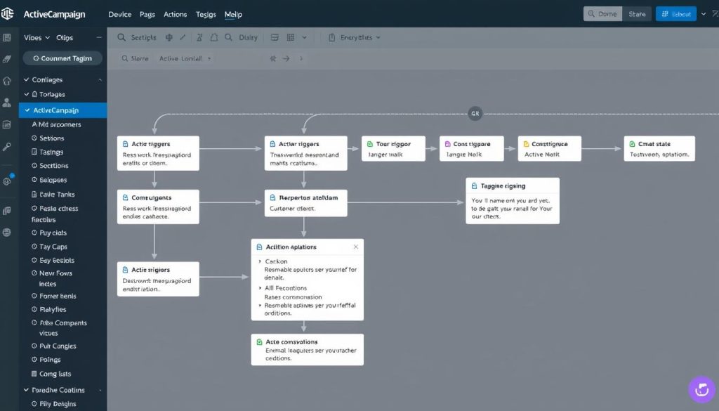 ActiveCampaign automation workflow builder showing a customer journey sequence