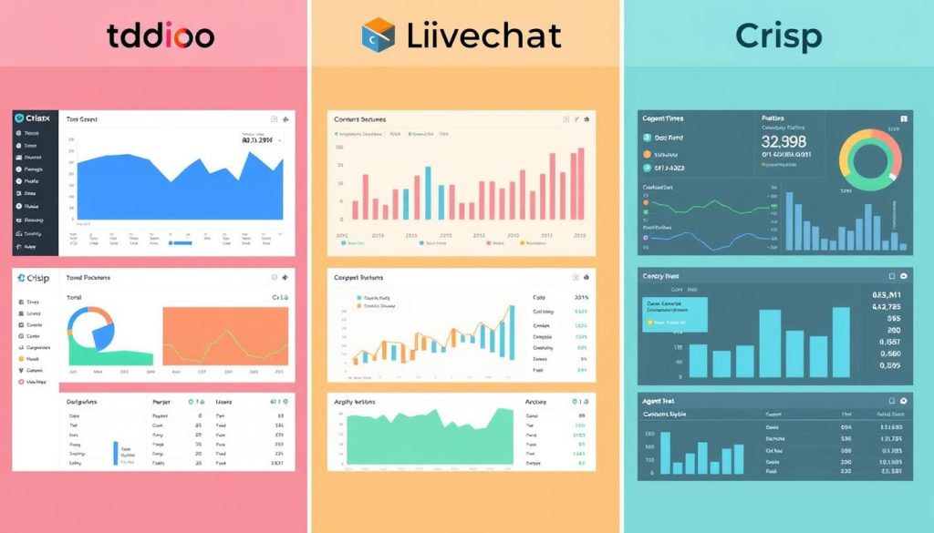 Analytics dashboards comparison between Tidio, LiveChat, and Crisp