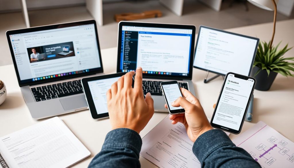 Blogger evaluating different AI writing tools for their specific needs Blogger evaluating different AI writing tools for their specific needs