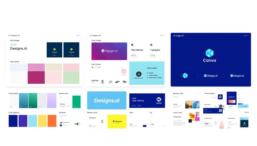 Brand kit examples from the three AI logo and brand design tools showing color palettes, typography, and brand assets