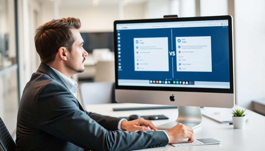 Business professional making a decision between Make and Zapier platforms