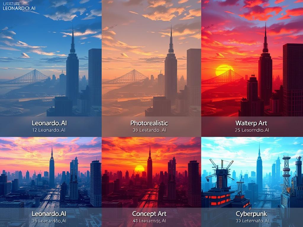 Collage of different artistic styles available in Leonardo.AI vs NightCafe showing the same prompt rendered in various styles