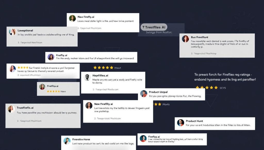 Collage of user reviews and ratings for Fireflies.ai
