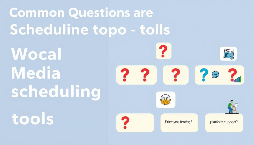 Common questions about social media scheduling tools illustrated with icons