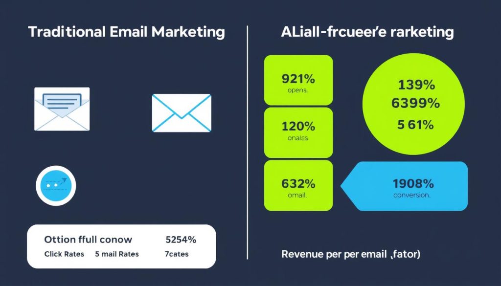 Comparison chart showing performance metrics between traditional email marketing and Klaviyo's AI-powered approach