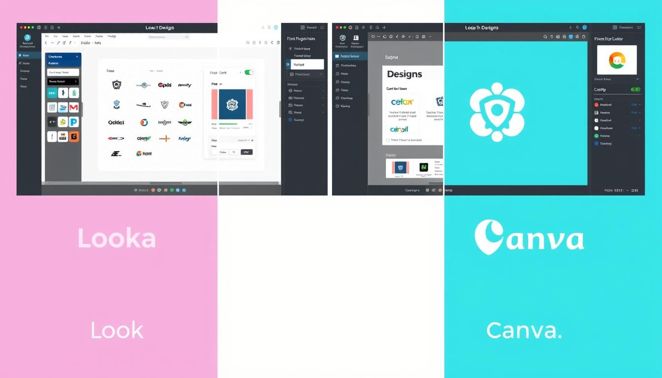 Comparison of Looka, Designs.ai and Canva AI logo and brand design tools showing their interfaces side by side