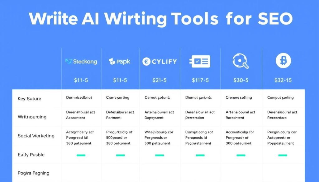 Comparison of additional AI writing tools for SEO showing key features Comparison of additional AI writing tools for SEO showing key features