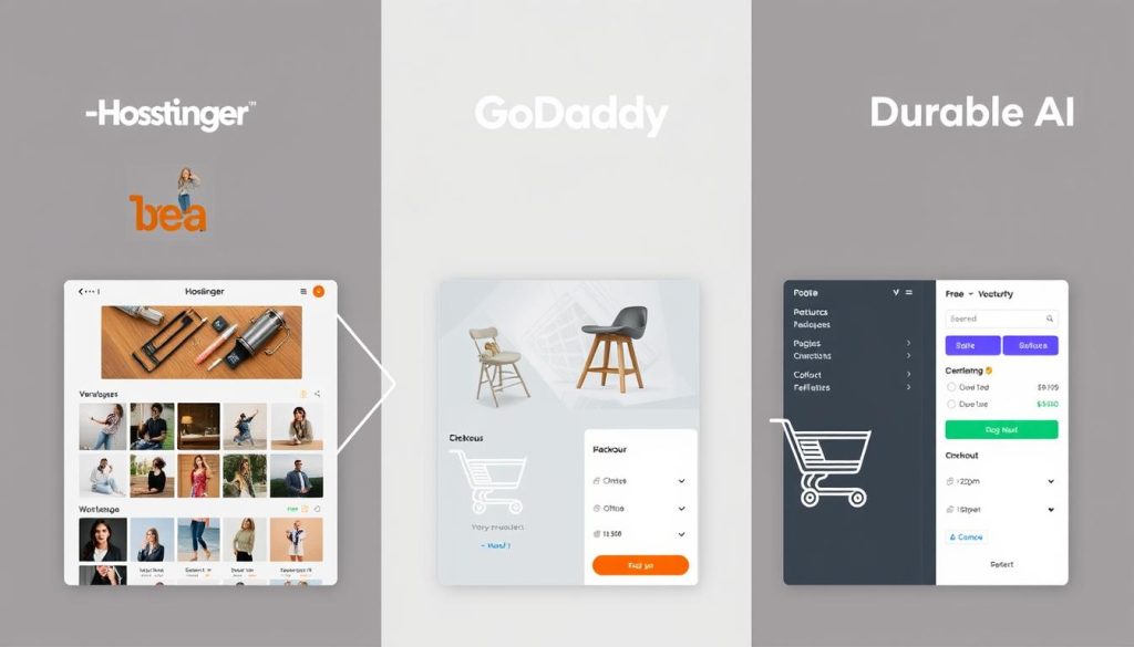 Comparison of e-commerce features in Hostinger, GoDaddy, and Durable AI showing product pages and checkout processes