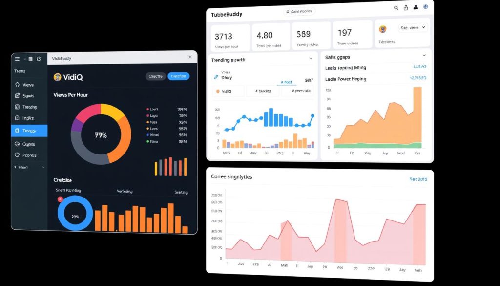 Competitor analysis dashboard showing channel performance metrics and trending videos in VidIQ and TubeBuddy