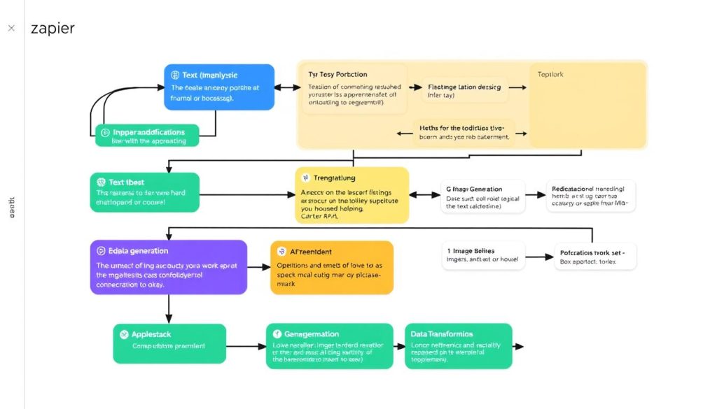 Complex multi-step AI workflow in Zapier showing data processing pipeline Complex multi-step AI workflow in Zapier showing data processing pipeline