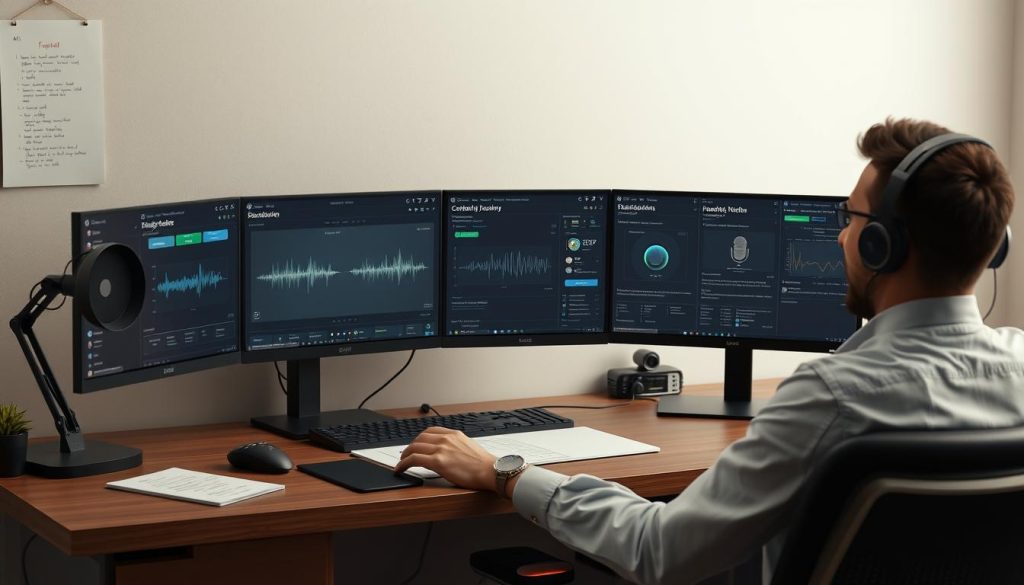 Content creator choosing between different AI voice and TTS tools based on their specific needs Content creator choosing between different AI voice and TTS tools based on their specific needs