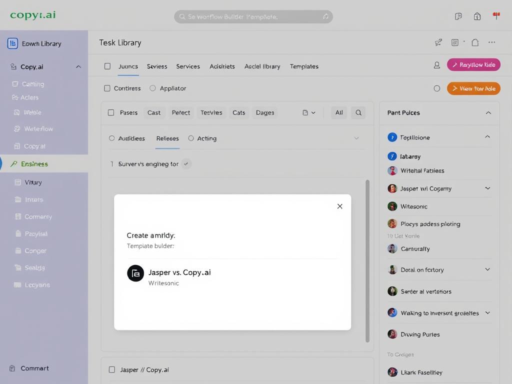 Copy.ai interface displaying its workflow builder and template library focused on comparing Jasper vs Copy.ai vs Writesonic