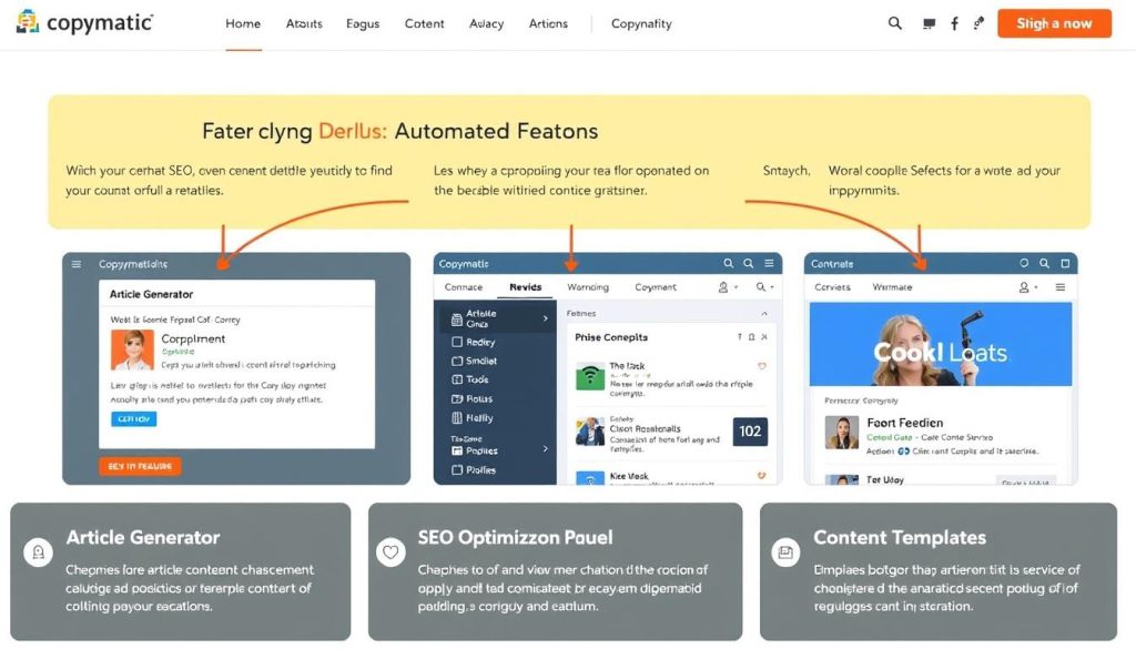 Copymatic interface showing automated SEO content creation features Copymatic interface showing automated SEO content creation features