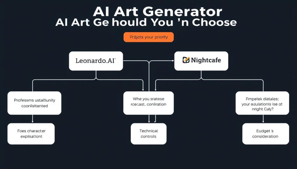 Decision flowchart for choosing between Leonardo.AI vs NightCafe based on user needs