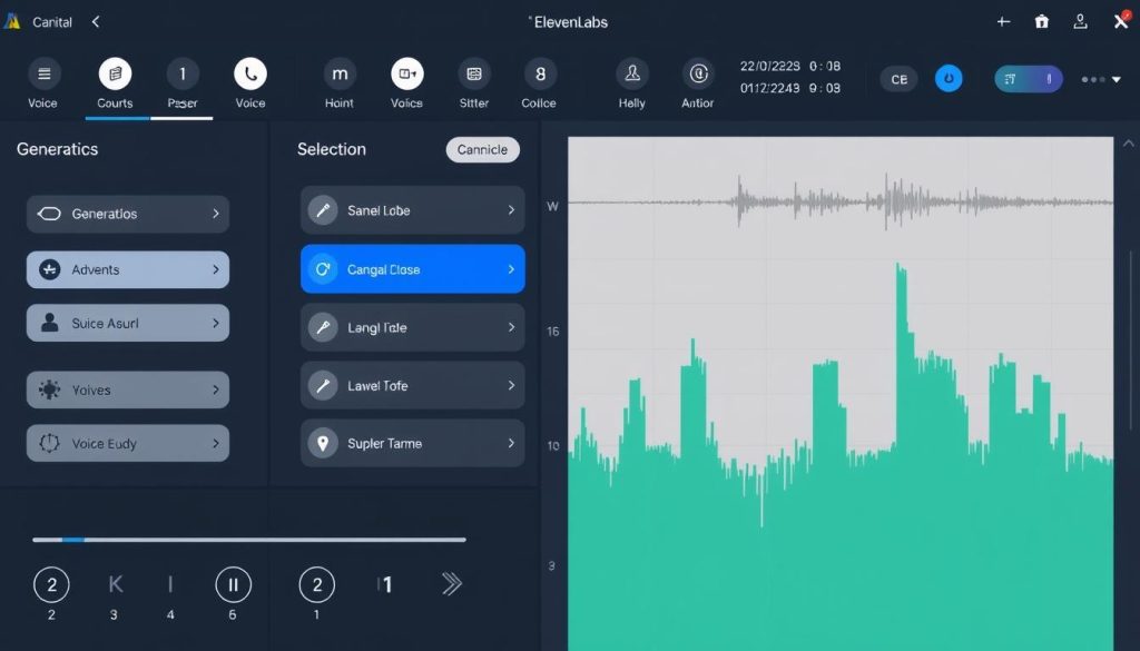 ElevenLabs interface showing voice generation controls and waveform