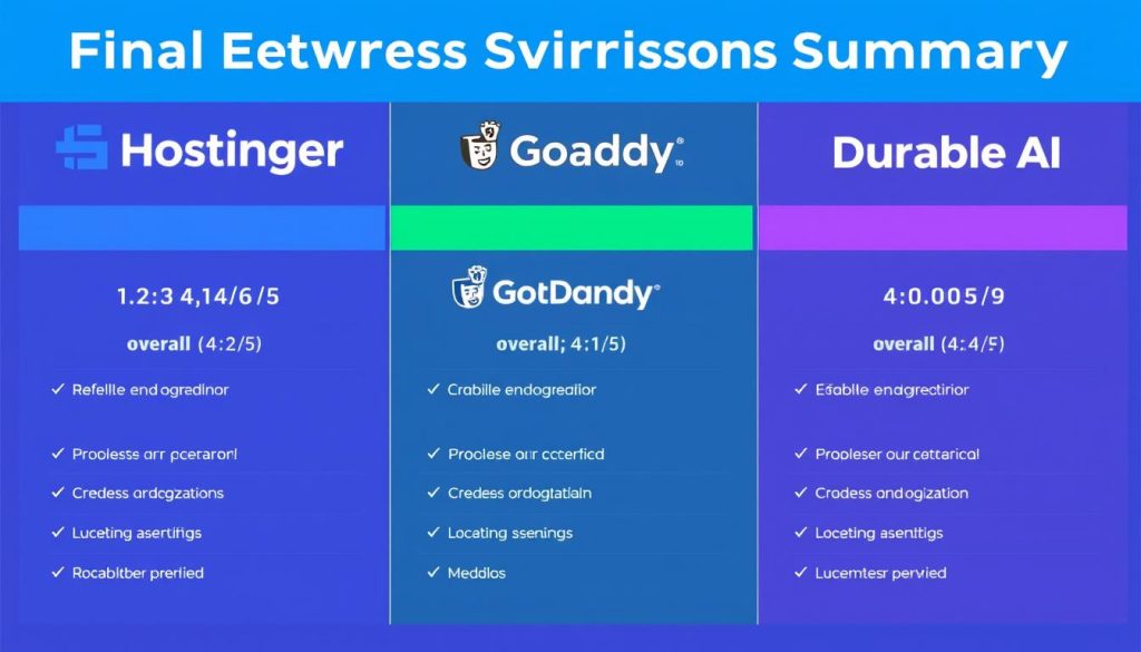 Final comparison summary of Hostinger, GoDaddy, and Durable AI website builders with their key strengths highlighted