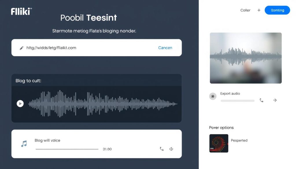 Fliki interface showing blog to audio conversion with AI voice and TTS tools for content creators Fliki interface showing blog to audio conversion with AI voice and TTS tools for content creators