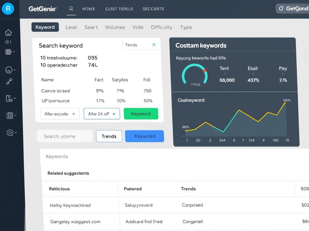 GetGenie Review showing SEO optimization panel with keyword analysis GetGenie Review showing SEO optimization panel with keyword analysis