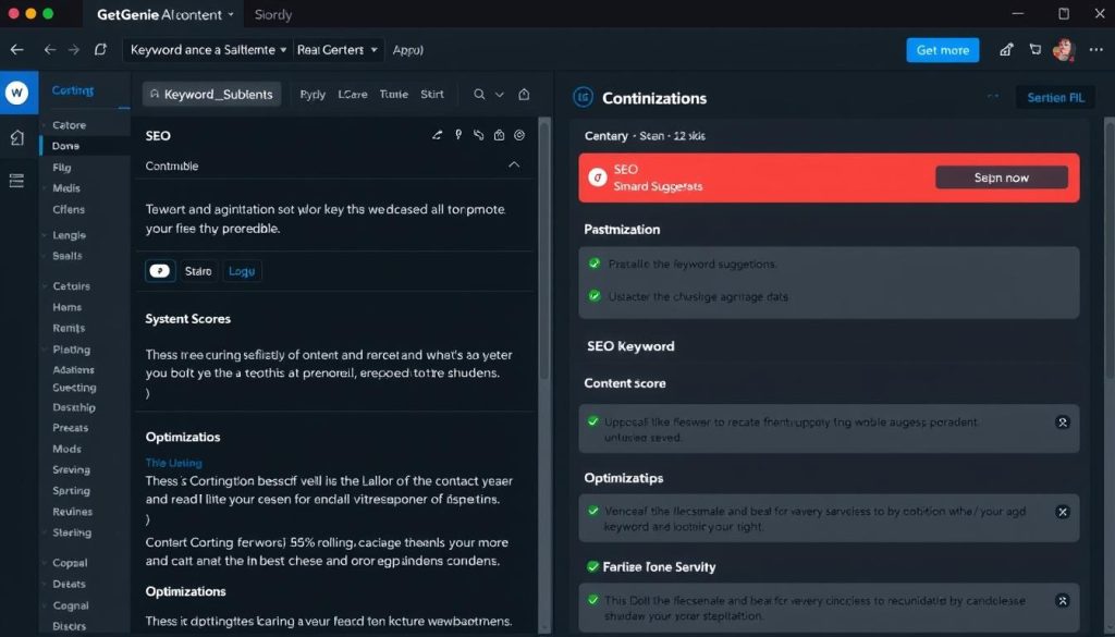 GetGenie Review showing the AI writing interface with SEO optimization panel GetGenie Review showing the AI writing interface with SEO optimization panel