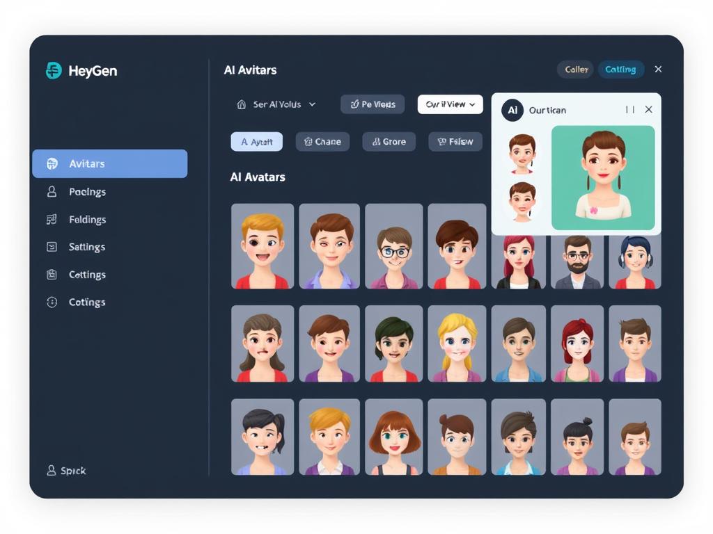HeyGen platform dashboard showing multiple AI avatar options and editing interface