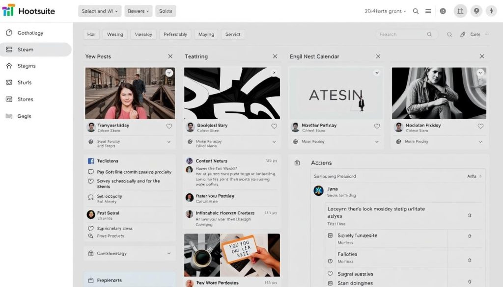 Hootsuite's dashboard showing multiple social media streams and scheduling options