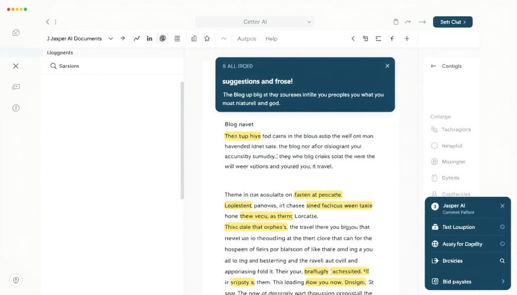 Jasper AI interface showing blog post creation with AI suggestions Jasper AI interface showing blog post creation with AI suggestions