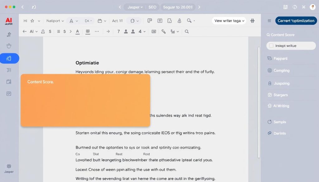 Jasper AI interface showing document editor with SEO optimization panel Jasper AI interface showing document editor with SEO optimization panel