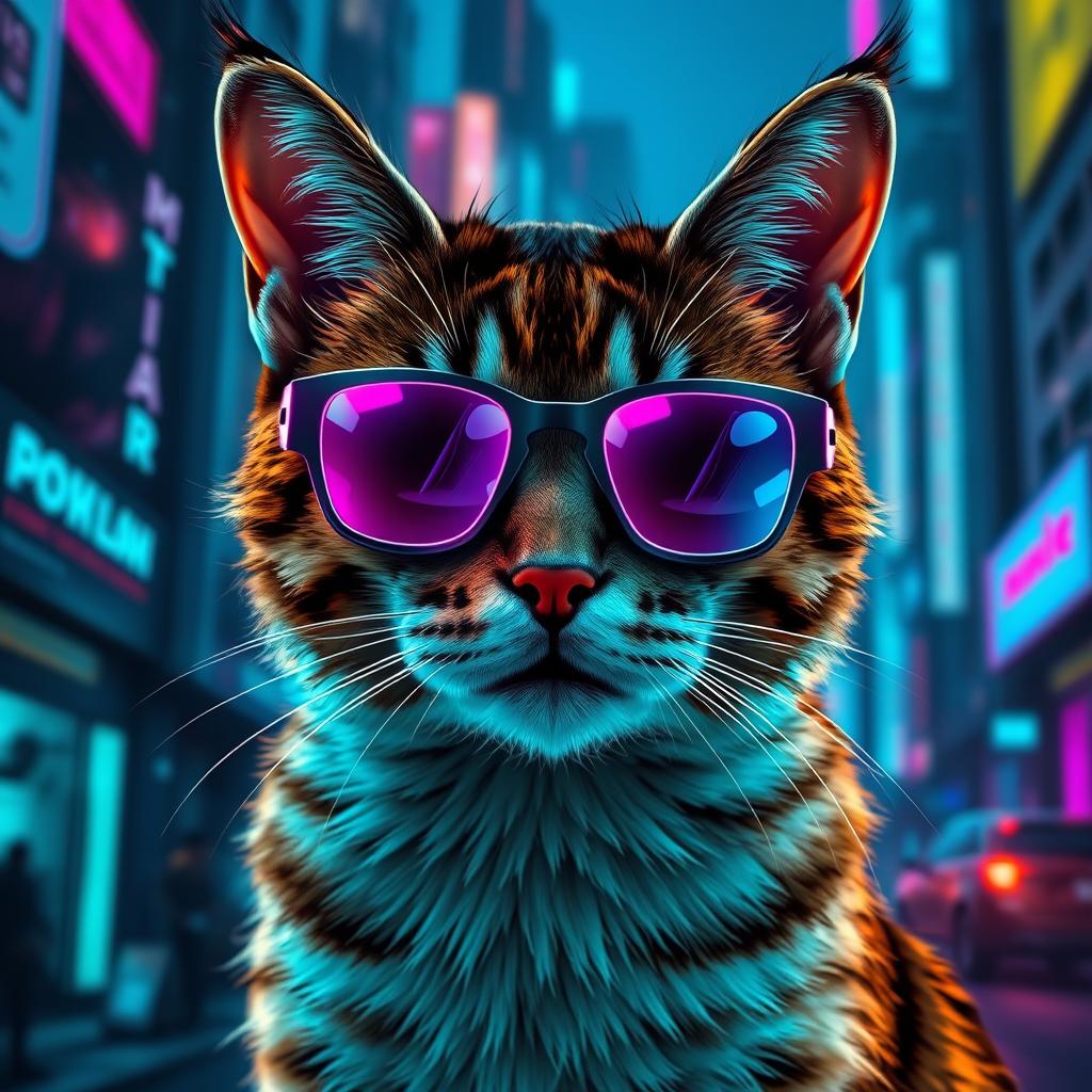 Leonardo.AI generated image of a cyberpunk cat wearing neon sunglasses