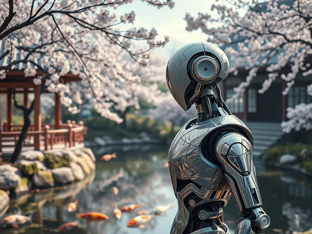 Leonardo.AI generated image of a futuristic robot in a Japanese garden