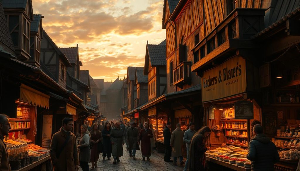 Leonardo.AI generated image of a medieval marketplace at sunset