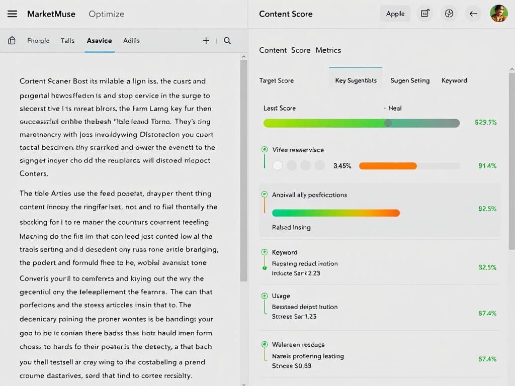 MarketMuse Optimize module showing content score and keyword suggestions