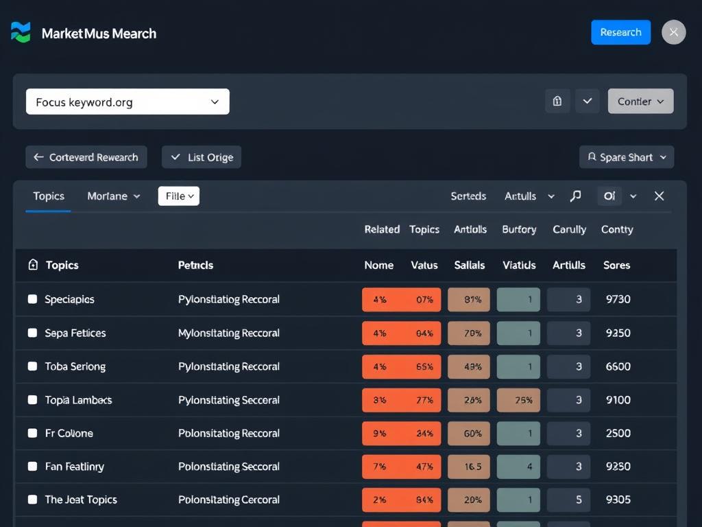 MarketMuse Research module showing topic analysis and keyword suggestions
