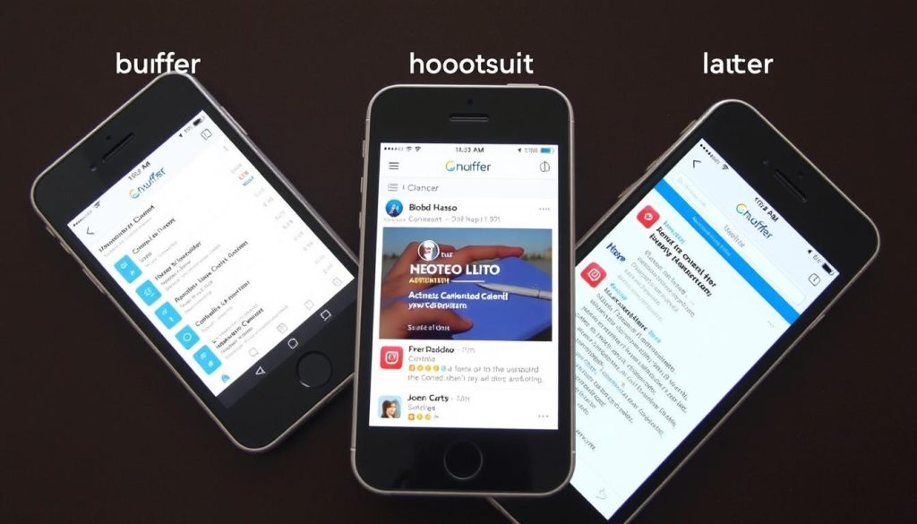Mobile app interfaces of Buffer, Hootsuite, and Later on smartphones