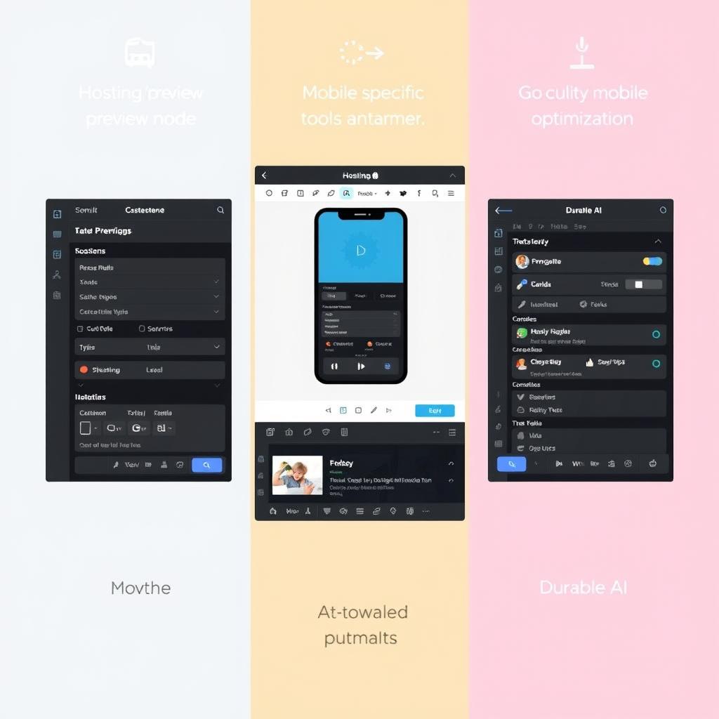 Mobile editing interfaces of Hostinger, GoDaddy, and Durable AI showing mobile customization options