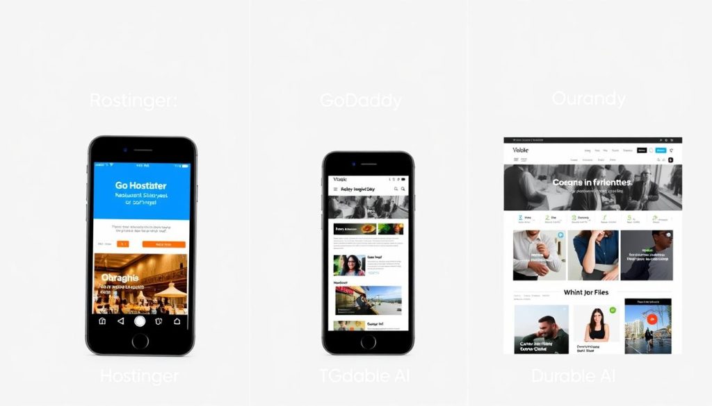 Mobile responsiveness comparison showing how websites built with Hostinger, GoDaddy, and Durable AI appear on mobile devices