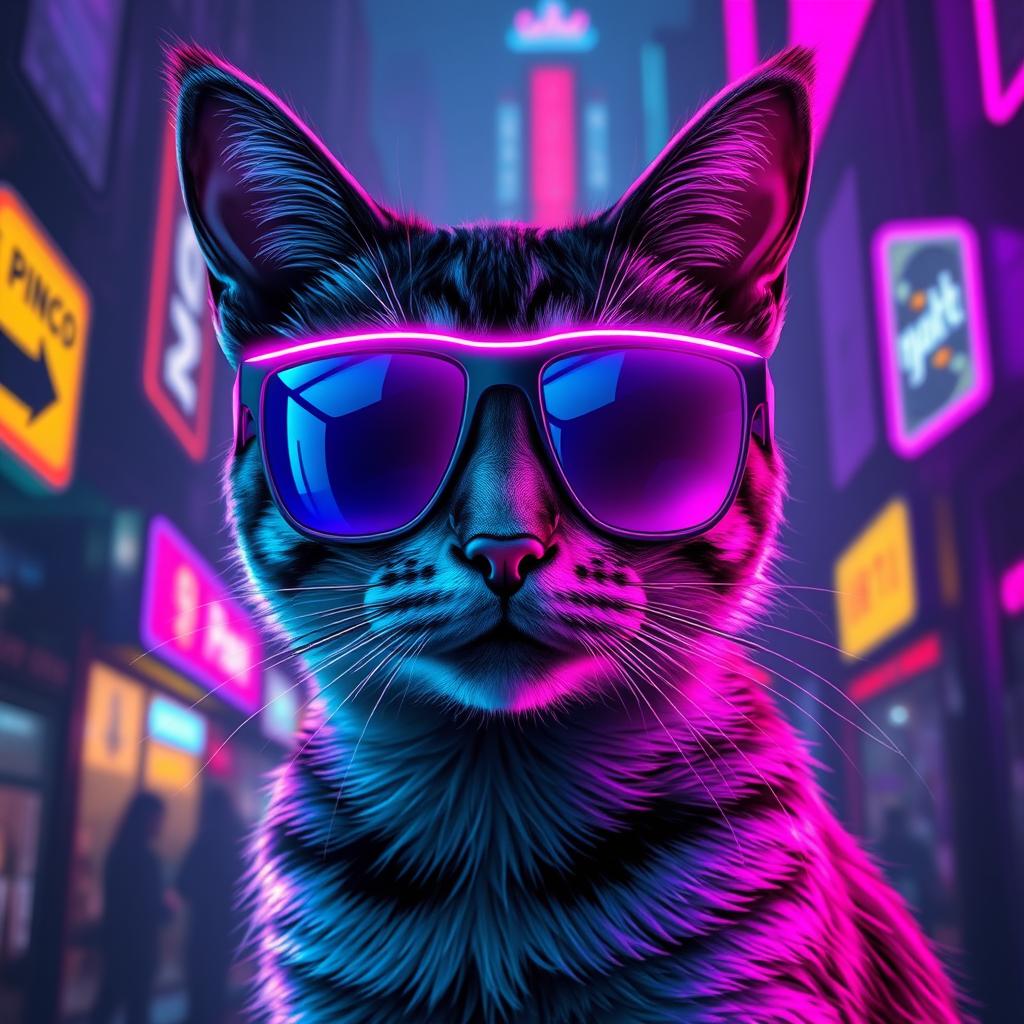 NightCafe generated image of a cyberpunk cat wearing neon sunglasses