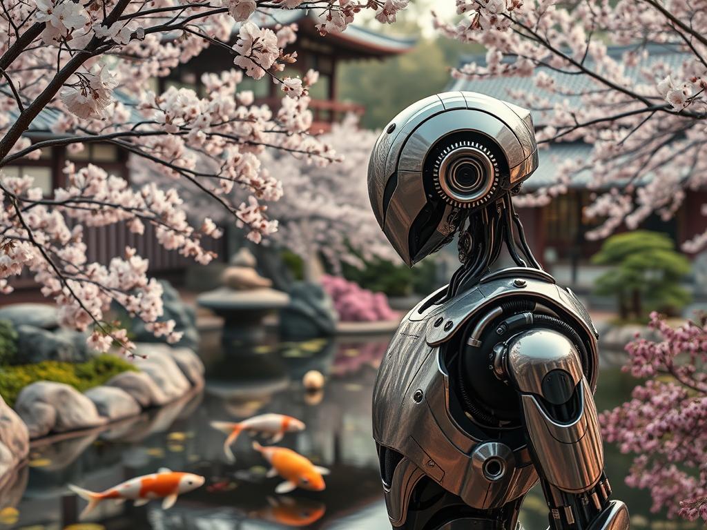 NightCafe generated image of a futuristic robot in a Japanese garden