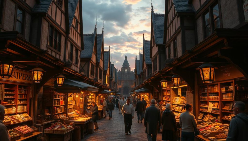 NightCafe generated image of a medieval marketplace at sunset