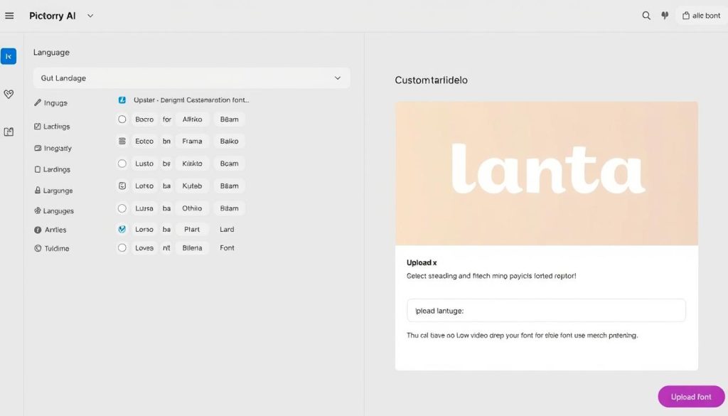 Pictory AI interface showing multilingual support and custom font options