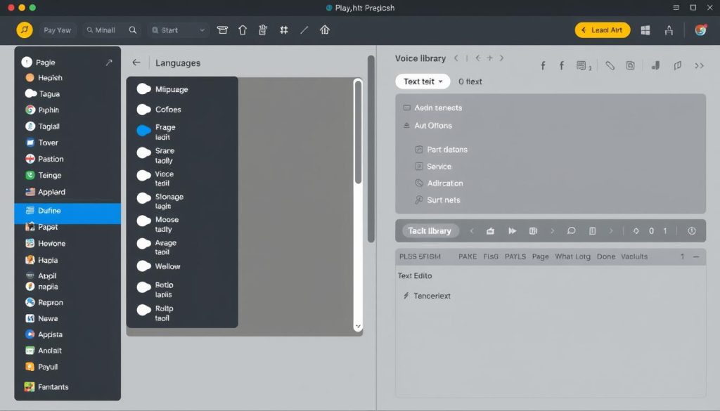 Play.ht interface showing extensive language options and voice selection panel
