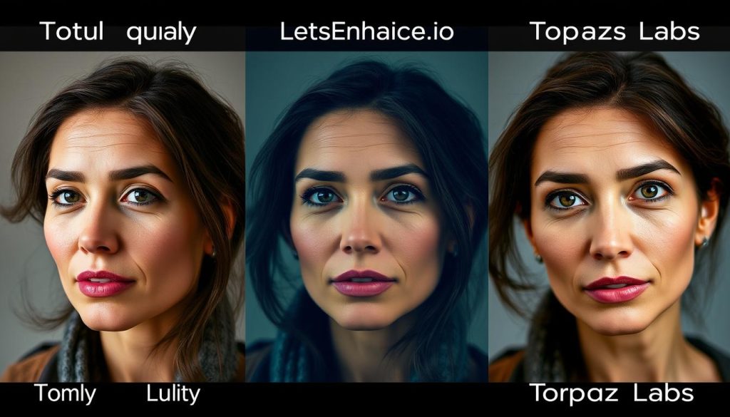 Portrait enhancement comparison between LetsEnhance.io and Topaz Labs