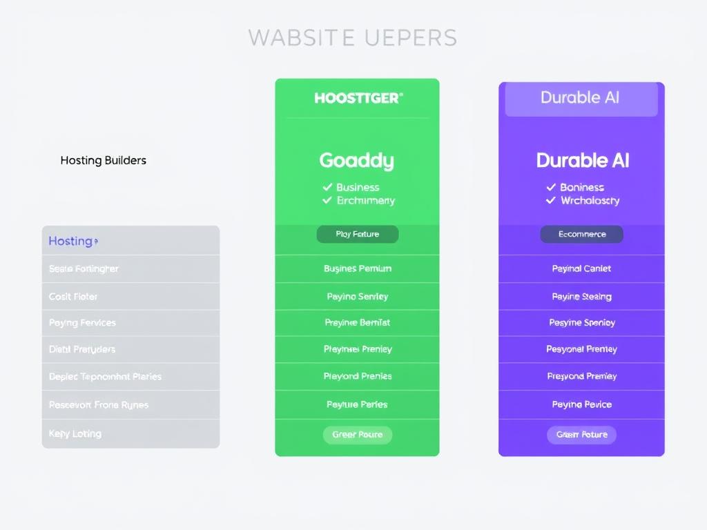 Pricing comparison chart for Hostinger, GoDaddy, and Durable AI website builders showing different plan tiers