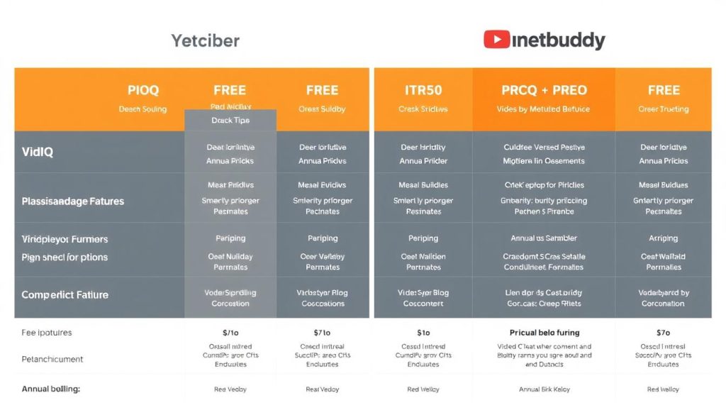 Pricing comparison chart for VidIQ and TubeBuddy showing different plan tiers and features
