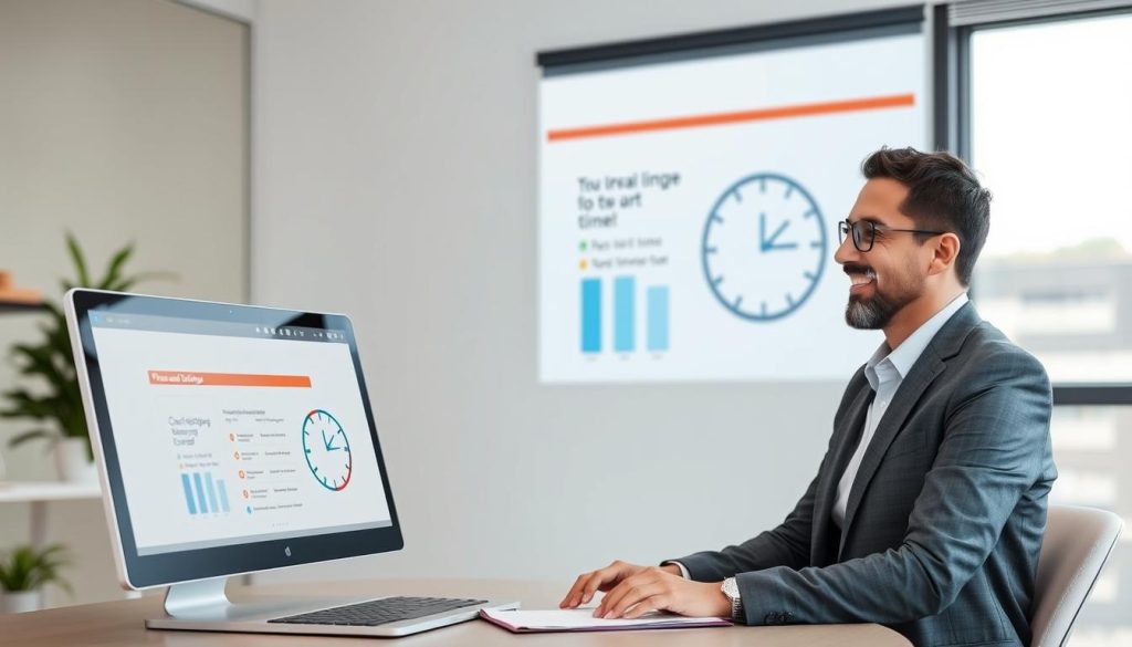 Professional using Chatslide AI PowerPoint software to create presentation with visible time savings Professional using Chatslide AI PowerPoint software to create presentation with visible time savings