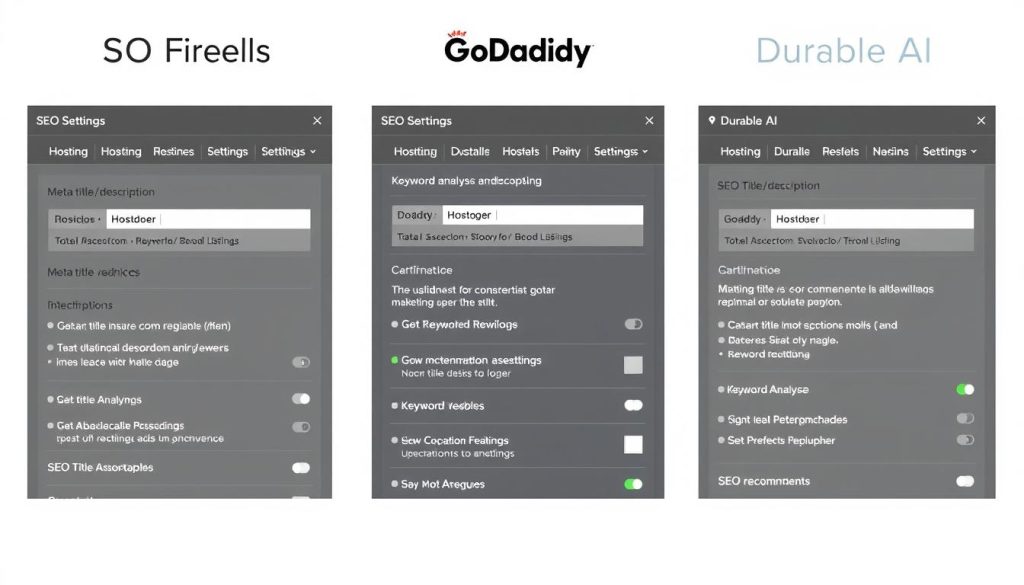 SEO tools comparison showing Hostinger, GoDaddy, and Durable AI SEO interfaces and features