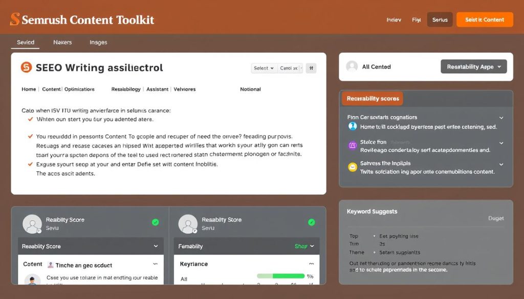 Semrush Content Toolkit interface showing SEO Writing Assistant and content optimization features Semrush Content Toolkit interface showing SEO Writing Assistant and content optimization features